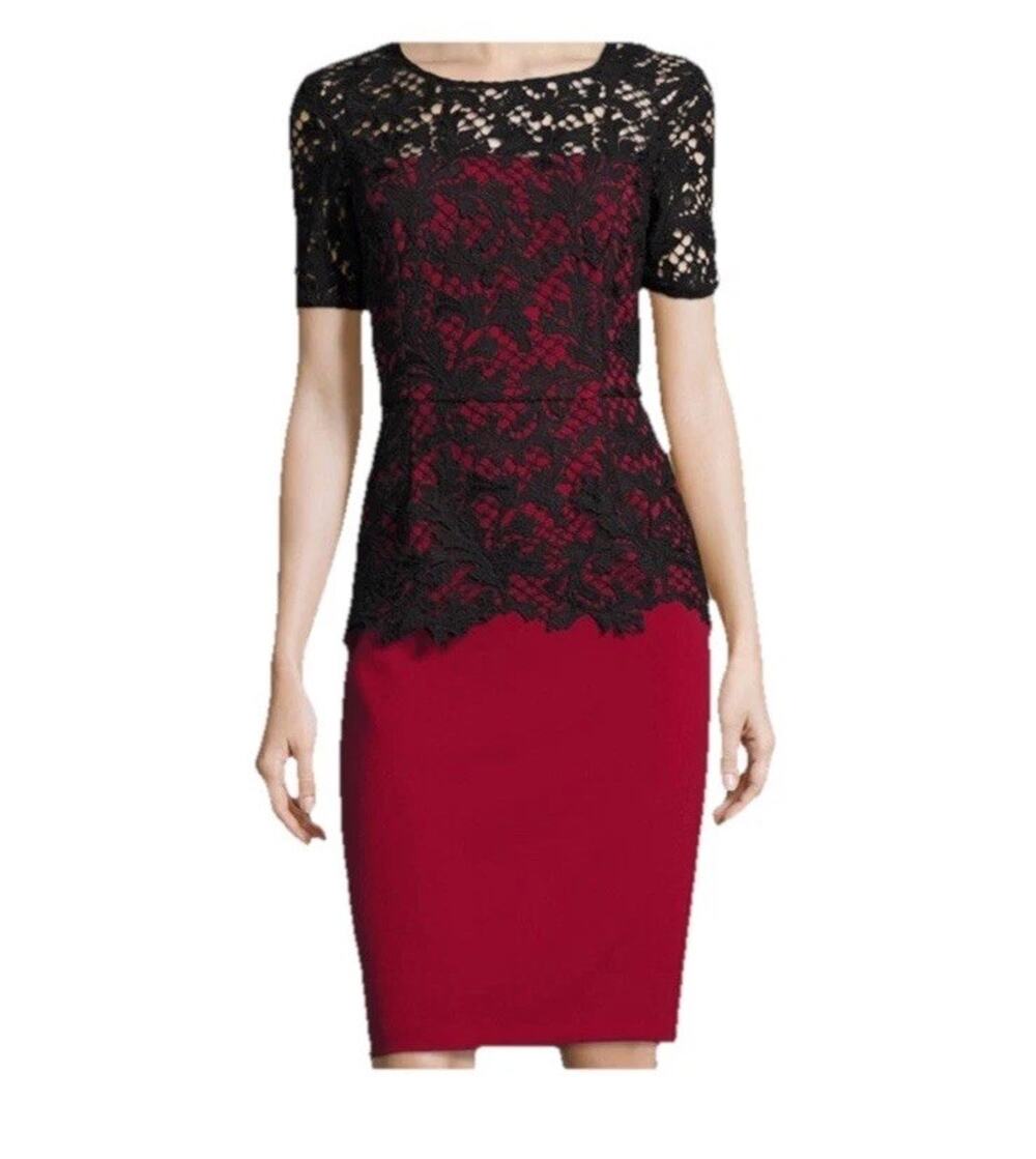Sachin & Babi Noir Red Black Lace Cocktail Dress Size 4 Sheath Floral Overlay